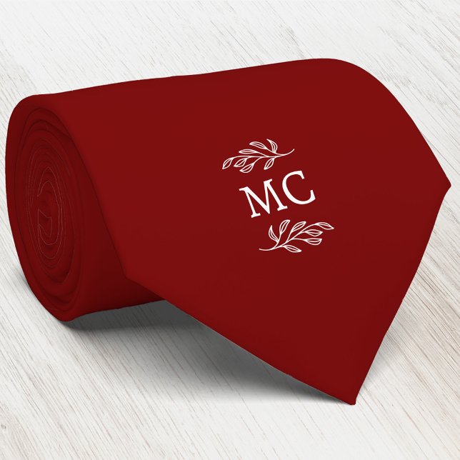 Monogram Initial Crest Botanical Leaf Burgundy Red Neck Tie (Simple botanical leaf monogram initials personalized crest neck tie)