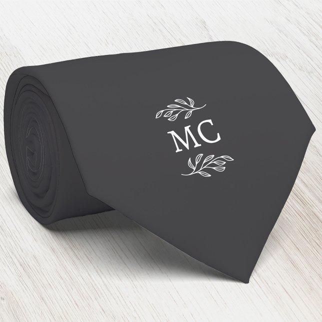 Monogram Initial Crest Botanical Leaf Dark Gray Neck Tie (Simple botanical leaf monogram initials personalized crest neck tie)