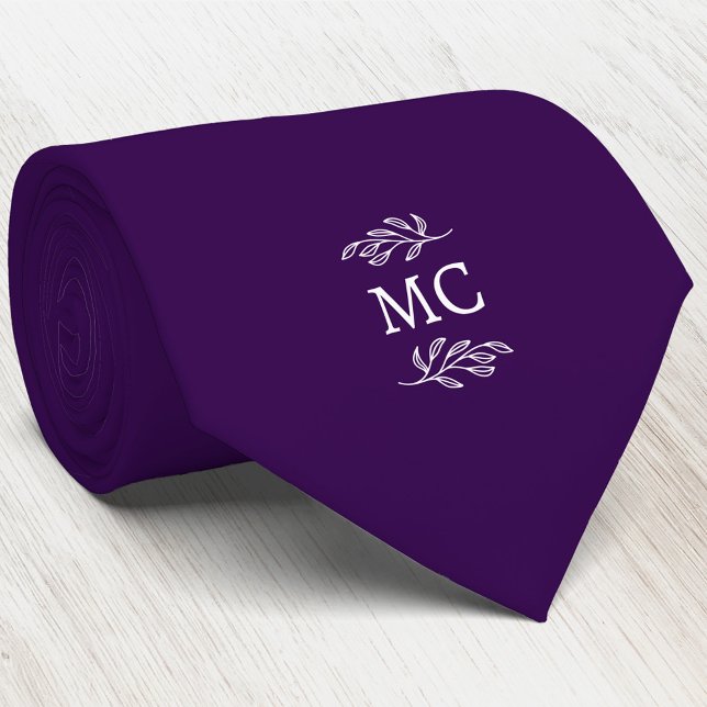 Monogram Initial Crest Botanical Leaf Dark Purple Neck Tie (Simple botanical leaf monogram initials personalized crest neck tie)