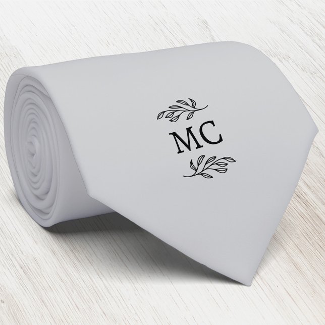 Monogram Initial Crest Botanical Leaf Silver Gray Neck Tie (Simple botanical leaf monogram initials personalized crest neck tie)
