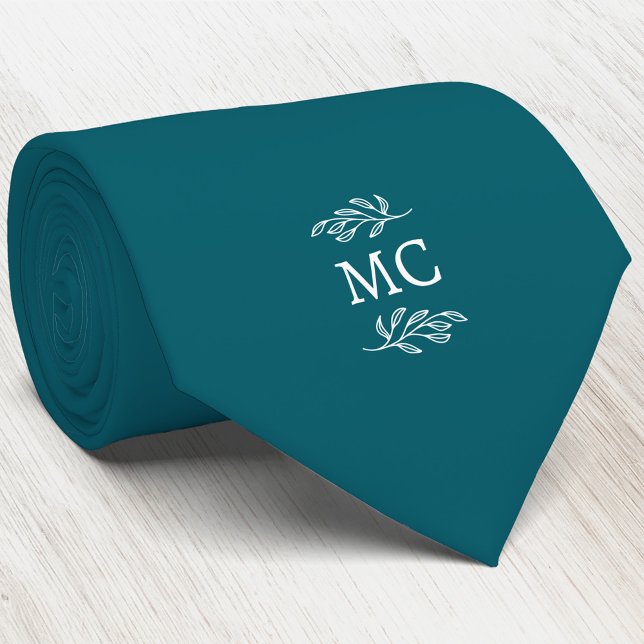 Monogram Initial Crest Botanical Leaf Teal Green Neck Tie (Simple botanical leaf monogram initials personalized crest neck tie)