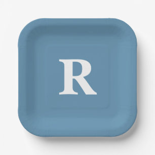 Monogram Initial Custom Colors Dusty Blue White Paper Plates
