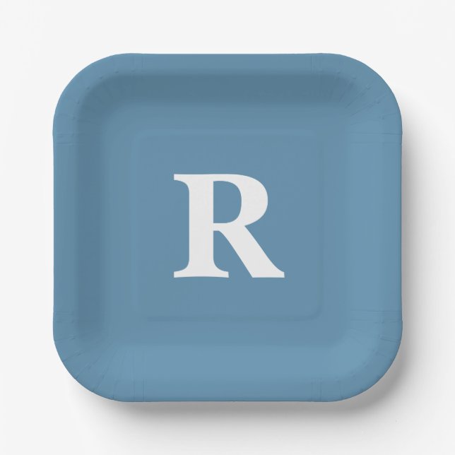 Monogram Initial Custom Colors Dusty Blue White Paper Plates (Front)