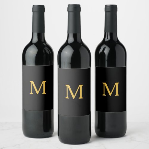 Monogram Initial Custom Name Gold Black Elegant Wine Label