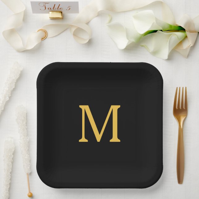 Monogram Initial Custom Name Gold Golden Black Paper Plates (Wedding)