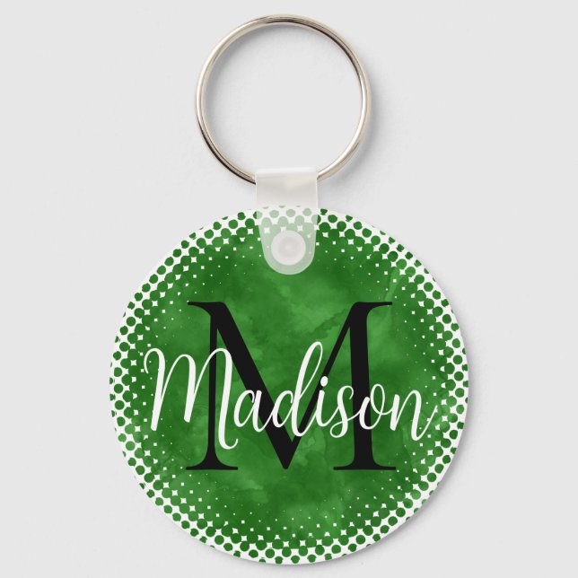 Monogram Initial  Custom Name Green Watercolor Keychain (Back)