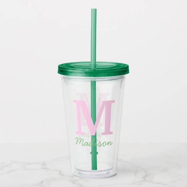 Monogram Initial Custom Name Pink Green Acrylic Tumbler (Front)
