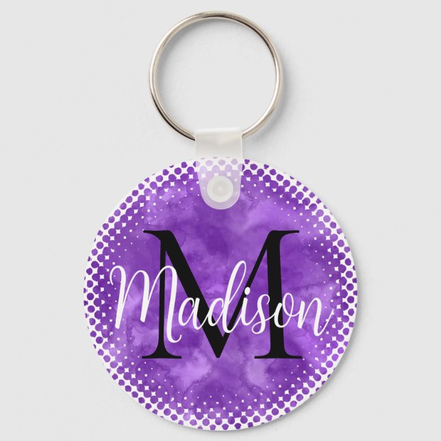 Monogram Initial  Custom Name Purple Watercolor Keychain (Back)
