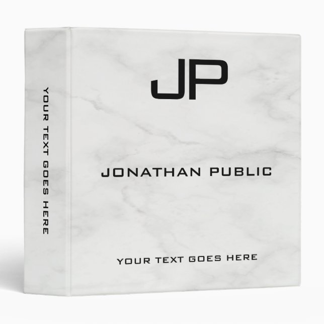 Monogram Initial Custom Template White Marble 3 Ring Binder (Front/Spine)