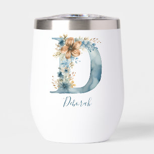 Monogram Initial D Blue Floral Watercolor Gift Her Thermal Wine Tumbler