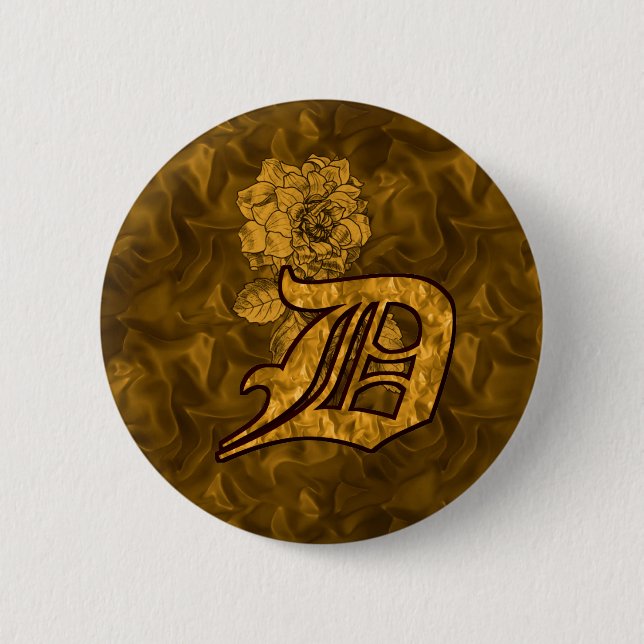 Monogram Initial D Elegant Gold Peony Flower Button (Front)