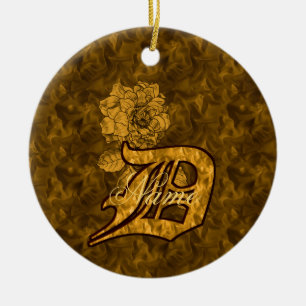 Monogram Initial D Elegant Gold Peony Personalized Ceramic Ornament
