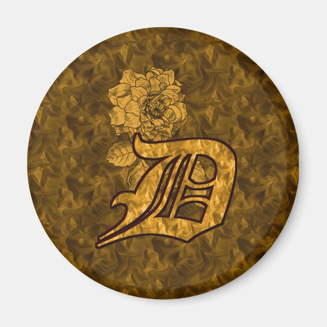 Monogram Initial D Gold Peony Flower Magnet (Front)