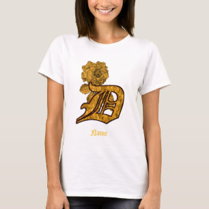 Monogram Initial D Gold Peony Flower Personalized T-Shirt