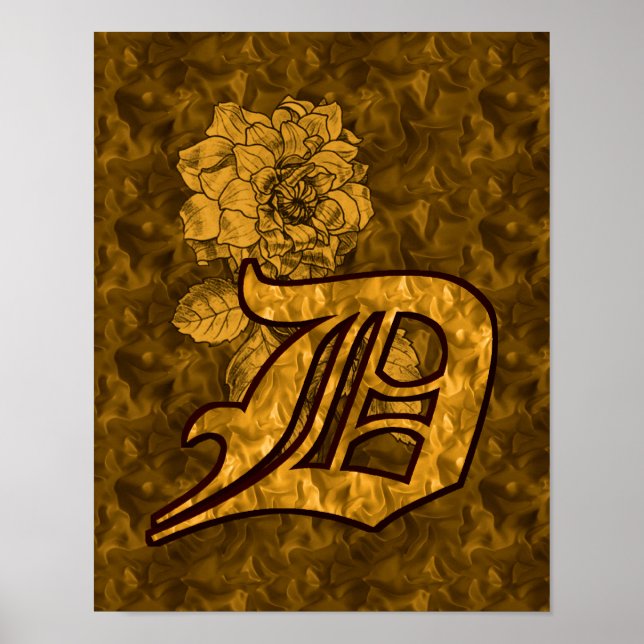 Monogram Initial D Gold Peony Flower Poster (Front)
