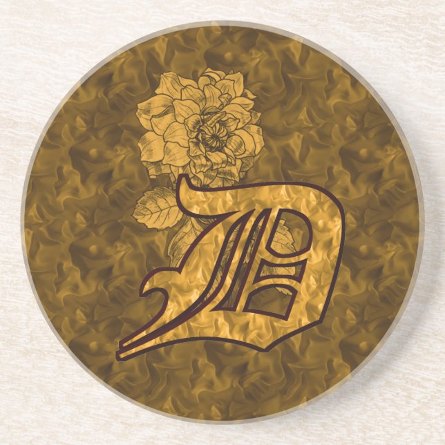 Monogram Initial D Gold Peony Flower Sandstone Coaster (Front)