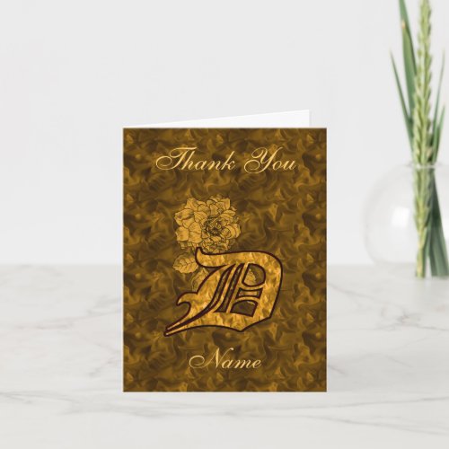 Monogram Initial D Gold Satin Peony Personalized Letterpress Thank You Card