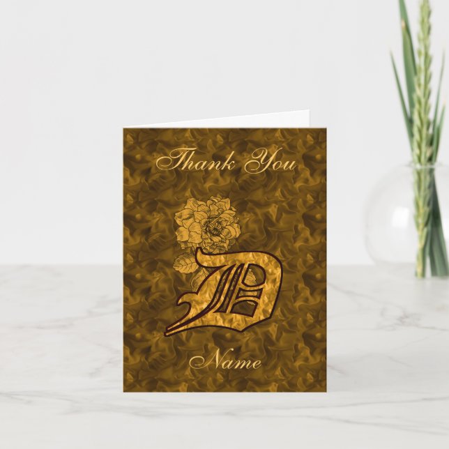 Monogram Initial D Gold Satin Peony Personalized Letterpress Thank You Card (Front)