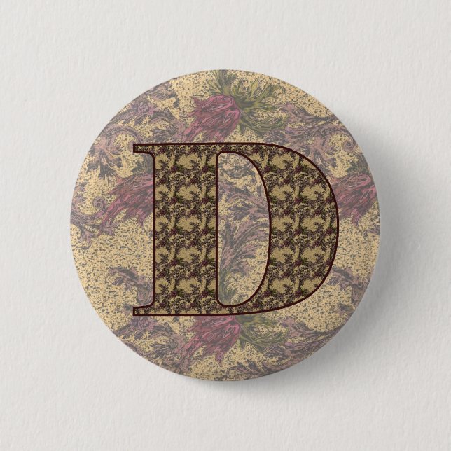 Monogram Initial D Vintage Floral Pinback Button (Front)