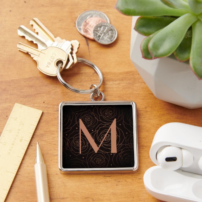 Monogram Initial Dark Floral Rose Golden Orange Keychain (Desk)