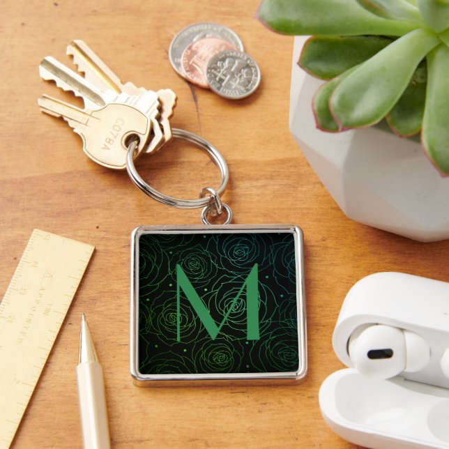 Monogram Initial Dark Floral Rose Green Gradiant Keychain (Desk)