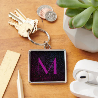 Monogram Initial Dark Floral Rose Magenta Purple Keychain