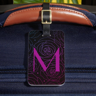 Monogram Initial Dark Floral Rose Magenta Purple Luggage Tag