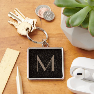 Monogram Initial Dark Floral Rose Timeless Neutral Keychain