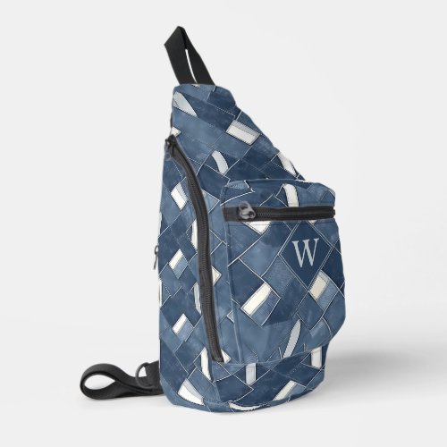 Monogram Initial Denim Blue Printed Lattice Look Sling Bag