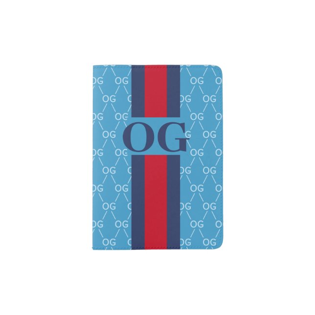 Monogram Initial Designer Pattern w/ Stripe Blue Passport Holder (Front)