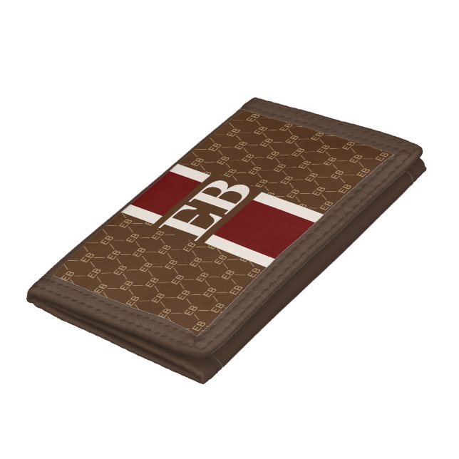Monogram Initial Designer Pattern w/ Stripe Brown Trifold Wallet (Bottom)