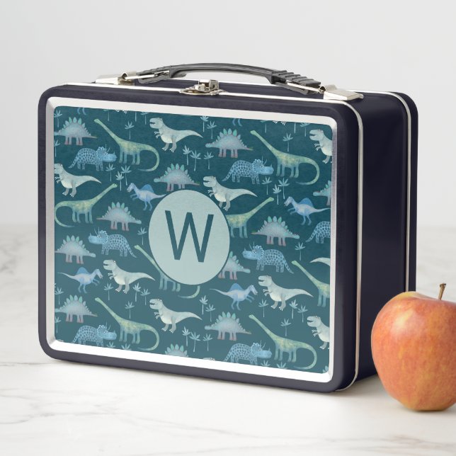 Monogram Initial Dinosaur Pattern Metal Lunch Box (In Situ)