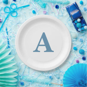 Monogram Initial Dusty Blue Elegant Custom Name Paper Plates