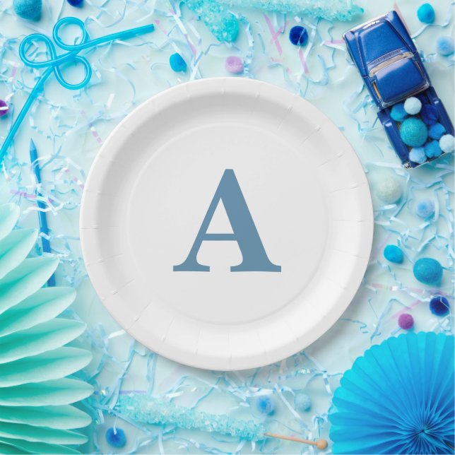 Monogram Initial Dusty Blue Elegant Custom Name Paper Plates (Party)