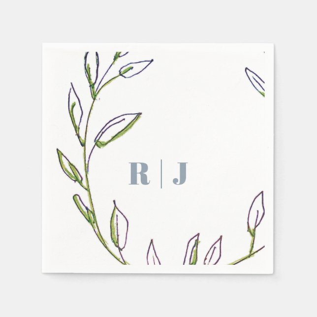 Monogram Initial Dusty Blue Green Leaf Art Wedding Napkins (Front)