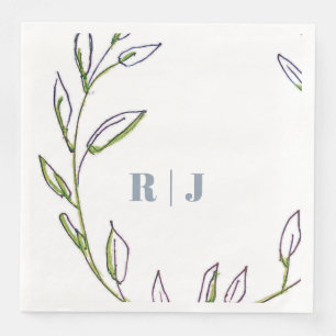 Monogram Initial Dusty Blue Green Leaf Art Wedding Paper Dinner Napkins