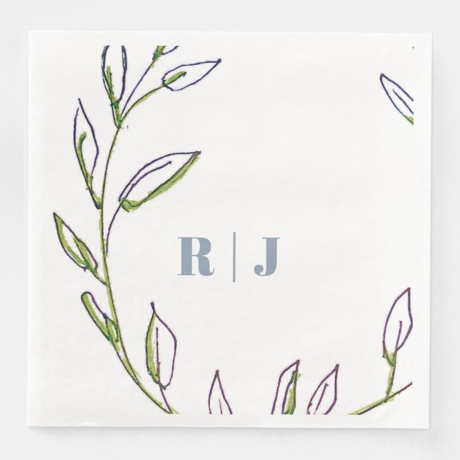 Monogram Initial Dusty Blue Green Leaf Art Wedding Paper Dinner Napkins (Front)