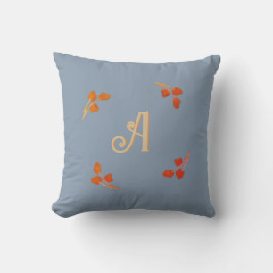 Monogram Initial Dusty Blue Retro Red Orange Berry Throw Pillow