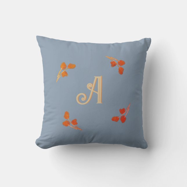 Monogram Initial Dusty Blue Retro Red Orange Berry Throw Pillow (Front)