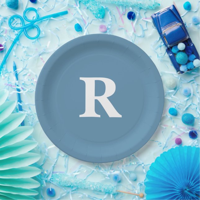 Monogram Initial Dusty Blue White Custom Colors Paper Plates (Party)
