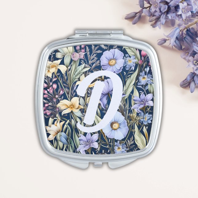 Monogram Initial Dusty Blue Wildflowers Custom Compact Mirror (Creator Uploaded)