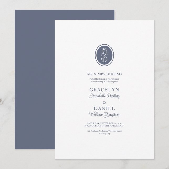 Monogram Initial Dusty Gray Blue Ivory Wedding Invitation (Front/Back)