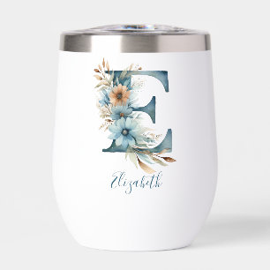 Monogram Initial E Blue Floral Watercolor Gift Her Thermal Wine Tumbler