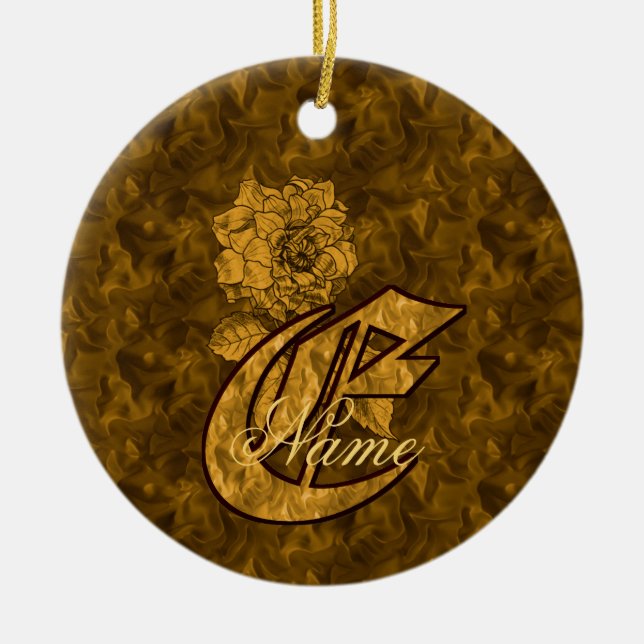 Monogram Initial E Elegant Gold Peony Personalized Ceramic Ornament (Front)