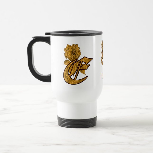 Monogram Initial E Elegant Gold Peony Personalized Travel Mug (Left)
