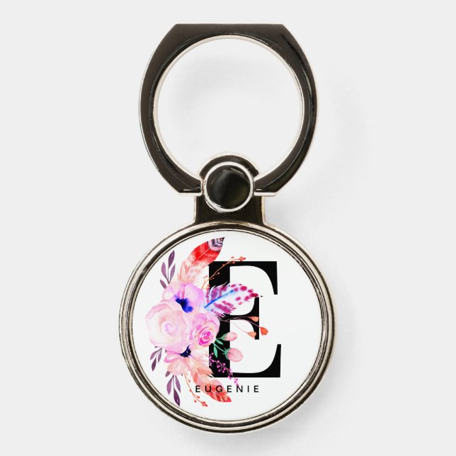 Monogram Initial E Floral & Feather Boho Design Phone Ring Stand (Front)
