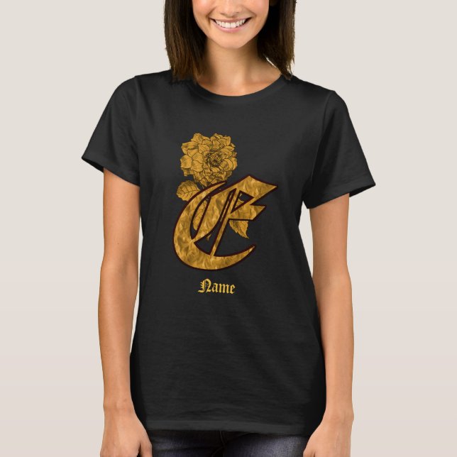 Monogram Initial E Gold Peony Flower Personalized T-Shirt (Front)
