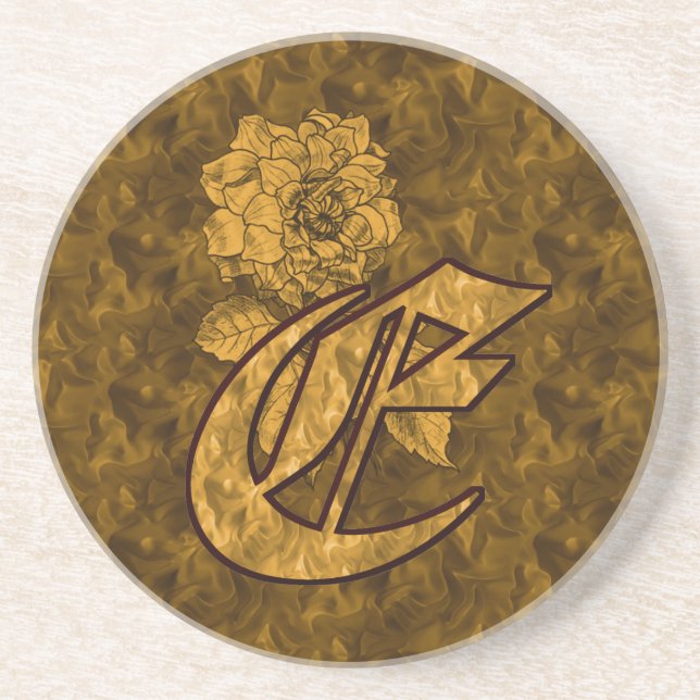 Monogram Initial E Gold Peony Flower Sandstone Coaster (Front)