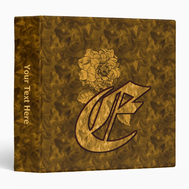Monogram Initial E Gold Satin Peony Personalized 3 Ring Binder (Front/Spine)