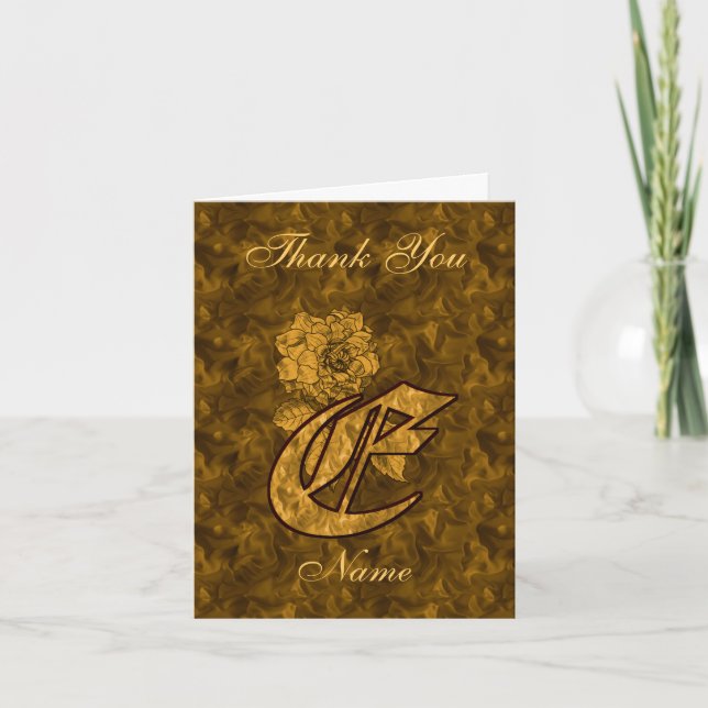 Monogram Initial E Gold Satin Peony Personalized Letterpress Thank You Card (Front)